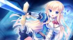  1girl arm_armor ascot belt black_gloves blonde_hair blue_eyes blue_gem blue_jacket breasts brooch brown_belt brown_eyes cleavage_cutout clothing_cutout cross_hair_ornament dutch_angle elbow_gloves fingerless_gloves floating_hair game_asset gem gloves hair_ornament hand_up highres holding holding_sword holding_weapon hoshi_furu_yoru_no_farnese impossible_clothes indoors jacket jewelry large_breasts long_hair long_sleeves looking_at_viewer multicolored_jacket night non-web_source open_mouth puffy_sleeves red_ascot self-datamine skirt solo standing sword two-tone_jacket very_long_hair weapon white_skirt wing_hair_ornament yukie_(peach_candy) yves_klein 