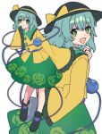  1girl absurdres black_hat boots bow buttons closed_mouth collared_shirt commentary_request diamond_button disembodied_linked_eye eyeball floral_print frilled_shirt_collar frilled_sleeves frills full_body green_boots green_eyes green_hair green_skirt hat hat_bow highres komeiji_koishi long_sleeves looking_at_viewer medium_hair multiple_views nnn_lu open_mouth print_skirt rose_print shirt skirt smile touhou wide_sleeves yellow_bow yellow_shirt 