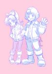 1boy 1girl android ariga_hitoshi boots closed_mouth commentary_request earrings full_body hair_ribbon hand_in_pocket hands_in_pockets helmet highres jacket jewelry limited_palette long_hair looking_at_viewer mega_man_(character) mega_man_(classic) mega_man_(series) monochrome open_mouth pants pantyhose ponytail ribbon roll_(mega_man) smile waving 
