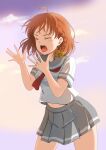  1girl absurdres ahoge backlighting braid closed_eyes commentary cowboy_shot evening grey_sailor_collar grey_skirt happy_birthday highres love_live! love_live!_sunshine!! miniskirt navel navel_peek neckerchief nonaka_kokoro open_hands orange_hair palms pleated_skirt red_neckerchief ribbon sailor_collar school_uniform serafuku shirt short_hair short_sleeves shouting side_braid skirt solo spread_fingers standing summer_uniform sunset takami_chika tears uranohoshi_school_uniform white_shirt yellow_ribbon 
