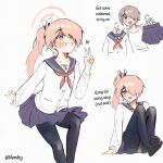  1boy absurdres black_pantyhose blue_archive blue_sailor_collar blush cardigan commentary cosplay crossdressing crossdressing_(mtf) grin hair_over_one_eye halo highres long_hair male_focus natsu_(blue_archive) natsu_(blue_archive)_(cosplay) neckerchief nemfry no_shoes open_mouth original pantyhose ponytail purple_eyes red_neckerchief sailor_collar smile sorry_for_being_sexy_yuni tank_top trap upskirt v white_cardigan white_tank_top 