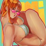  1girl absurdres aqua_background bare_shoulders bikini breasts brown_eyes character_name cleavage earrings english_commentary feet_out_of_frame from_side heart heart-shaped_eyewear highres jewelry knees_up large_breasts looking_at_viewer nami_(one_piece) navel one_piece orange_hair pink-tinted_eyewear puckered_lips single_sidelock sitting solo sphere_earrings stomach string_bikini sunglasses swimsuit thighs tinted_eyewear voldaddy white_bikini 