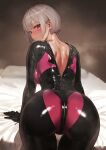 1girl absurdres ass blush bodysuit breasts brown_hair commentary_request ear_piercing grey_hair highres impossible_bodysuit impossible_clothes kilye_kairi large_breasts latex latex_bodysuit looking_at_viewer looking_back multicolored_bodysuit original partially_unzipped piercing shiny_clothes shiny_skin short_hair skin_tight solo sweat 