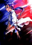  blue_hair fate/stay_night fate_(series) jas lancer long_hair long_sleeves male_focus multicolored multicolored_background ponytail profile sleeves_pushed_up solo unbuttoned 