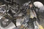 1boy arknights bandaged_neck bandages black_bandages black_cat black_hair black_robe board_game cat chest_tattoo commentary cowboy_shot dragon_boy dragon_horns dragon_tail eastern_dragon_horns eastern_dragon_tail floating_hair from_below full_moon go_(board_game) heterochromia highres holding_go_stone horns long_hair looking_at_viewer male_focus messy_hair moon multicolored_hair open_clothes open_shirt parted_bangs pointy_ears robe shirt solo streaked_hair tail tattoo thick_tail two-tone_hair very_long_hair wang's_cat_(arknights) wang_(arknights) wavy_hair white_hair white_hands white_shirt you_yeyou0904 