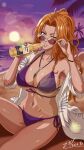  1girl adjusting_eyewear alcohol beach beer beer_bottle bikini bleach bleach:_brave_souls blonde_hair blue_eyes bottle bracelet breasts cleavage cloud cloudy_sky collarbone commentary_request corona_(brand) curtained_hair evening feather_necklace floral_print floral_print_shirt glasses hand_on_eyewear hand_up highres holding holding_bottle horizon huge_breasts jewelry lips long_hair looking_at_viewer looking_over_eyewear matsumoto_rangiku matsumoto_rangiku_(2021_swimsuit) navel necklace ocean one_eye_closed open_clothes open_shirt orange_hair orange_sky outdoors parted_bangs print_shirt purple_bikini sand scenery shirt shore side-tie_bikini_bottom sitting sky smile solo sun sunglasses sunlight sunset swimsuit thighs tinted_eyewear water white-framed_eyewear white_shirt zipy-zip-zip06 