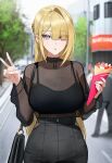  1girl ai-generated bag blonde_hair bra breasts commentary_request crepe earrings evelyn_chevalier expressionless fishnet_top fishnets food handbag highres holding holding_crepe holding_food jewelry long_hair looking_at_viewer outdoors pants parted_lips purple_eyes road slit_pupils solo tora_raz underwear v zenless_zone_zero 