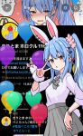  1girl absurdres animal_ear_fluff animal_ears balloon blue_hair blush bow breasts collared_shirt commentary_request don-chan_(usada_pekora) ear_piercing grey_bow grey_skirt hair_ornament hairclip hand_up highres hololive kiritoma long_sleeves multicolored_hair piercing pleated_skirt rabbit-shaped_pupils rabbit_ears rabbit_girl rabbit_tail red_eyes shirt short_eyebrows side_ponytail skirt small_breasts solo streaked_hair symbol-shaped_pupils tail thick_eyebrows usada_pekora usada_pekora_(12th_costume) v v_over_eye virtual_youtuber white_hair white_shirt 