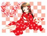  ankle_socks branch checkered checkered_background full_body hair_ribbon inuburo japanese_clothes kimono long_hair long_sleeves no_shoes obi original red red_eyes red_kimono ribbon sash sleeves_past_wrists socks solo tabi 