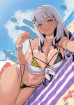  1girl :p aircraft aqua_eyes barbell_piercing beach bikini black_hair blue_sky braid braided_bangs breasts bright_pupils cleavage cloud colored_tips commentary commission day ear_piercing english_commentary grey_hair highres hololive hololive_indonesia hot_air_balloon industrial_piercing jewelry kangbus large_breasts long_hair looking_at_viewer lying multi-strapped_bikini_bottom multi-strapped_bikini_top multicolored_hair necklace o-ring o-ring_bikini on_side outdoors pavolia_reine piercing revealing_tanlines shibari_tan sky solo strap_lift swimsuit tanlines tongue tongue_out very_long_hair virtual_youtuber white_pupils 