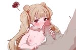  1girl absurdres amabuki_maria angry blunt_bangs blush breasts brown_eyes brown_hair censored commission commissioner_upload completely_nude double_bun erection fellatio grabbing_another's_penis hair_bun hetero highres licking licking_penis long_hair looking_at_viewer nadetauu nipples nude oral penis pixiv_commission simple_background small_breasts solo_focus spoken_squiggle squiggle tongue twintails v-shaped_eyebrows white_background zombie_land_saga 