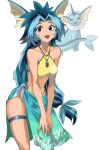  1girl 604yue aqua_hair aqua_sarong artist_name bare_shoulders bikini black_hair blue_hair blue_nails blue_trim breasts curtained_hair evolution_stone fins floral_print gradient_sarong head_fins highres jewelry long_hair looking_at_viewer low-tied_long_hair midriff multicolored_hair navel necklace open_mouth personification poke_ball_print pokemon purple_eyes reference_inset sarong solo swimsuit tankini thigh_strap twitter_username vaporeon very_long_hair water_stone white_background yellow_bikini 