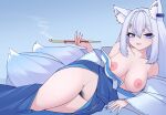  1girl animal_ear_fluff animal_ear_piercing animal_ears bare_shoulders blue_background blue_eyes blue_hair blue_nails breasts breasts_out clothes_lift commentary_request fang female_pubic_hair fingernails fox_ears fox_girl fox_tail hair_intakes highres holding holding_smoking_pipe japanese_clothes kimono kimono_lift kimono_pull kiseru large_breasts large_tail long_hair long_sleeves looking_at_viewer lying mismatched_pubic_hair nipples off_shoulder on_side original pubic_hair ribbon-trimmed_sleeves ribbon_trim seductive_smile short_eyebrows smile smoke smoking smoking_pipe tail thick_eyebrows thighs wide_sleeves yonao 