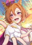  1girl animal_ears armor blush breasts cape cloud crown fingerless_gloves gloves hair_between_eyes highres horse_ears horse_girl jewelry long_sleeves looking_at_viewer medium_breasts mini_crown multiple_rings open_mouth orange_hair pink_cape pink_crown purple_eyes ring shirt short_hair shoulder_armor single_fingerless_glove sky smile solo suzuneiroekaki t.m._opera_o_(o_sole_suo!)_(umamusume) t.m._opera_o_(umamusume) teeth umamusume upper_body white_shirt 