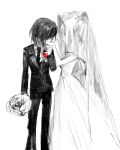  1girl 1other antlers bouquet bridal_veil collared_shirt deer_antlers deer_girl deltarune dress greyscale highres holding holding_bouquet horns jacket jewelry kakutou15 kiss kissing_hand kris_(deltarune) long_veil monochrome narrow_waist necktie noelle_holiday pants red_soul_(utdr) ring shirt short_hair soul_(utdr) spot_color suit suit_jacket thorn_ring_(deltarune) utdr_(toby_fox) veil wedding_dress weird_route_(deltarune) 