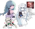  3girls alternate_costume apron bandaged_arm bandages blonde_hair blue_eyes breasts bruise closed_mouth commentary_request denia_(wuthering_waves) dress enmaided expressionless game_screenshot_inset green_eyes grey_hair heart heart_hands highres holding holding_stuffed_toy injury korean_commentary korean_text lix_(iroiro3843) long_hair looking_at_viewer looking_to_the_side low_twintails maid maid_headdress multiple_girls nivora_(wuthering_waves) one_eye_closed open_mouth phrolova_(ostina)_(wuthering_waves) phrolova_(wuthering_waves) purple_eyes screenshot_inset small_breasts smile stuffed_toy translation_request turning_head twintails white_dress white_hair wuthering_waves 