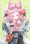  >_< 1girl :t absurdres ahoge animal_ear_fluff animal_ears arknights black_skirt bracelet capelet carrot chinese_commentary commentary_request commission cowboy_shot fingerless_gloves gloves green_background hands_up highres infection_monitor_(arknights) jewelry long_hair material_growth open_hands orange_gloves oripathy_lesion_(arknights) pink_hair pink_shirt pout rabbit_ears rabbit_girl rabbit_pose sample_watermark sha_ji_de_gongzhu shirt skirt solo tearing_up thumpy_(arknights) watermark white_capelet 