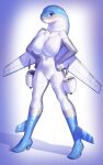  1girl aeromorph aircraft airplane airplane_wing bar_censor blue_eyes blush breasts censored clenched_hands closed_mouth commentary_request full_body furry furry_female hands_on_own_hips high-heeled_mechanical_legs highres korean_commentary large_breasts looking_at_viewer navel nude original pussy robot_girl smile solo standing troy7737 turbine variant_set vignetting white_background wings 
