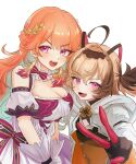  2girls ahoge animal_ears blonde_hair braid breasts brown_hair cat_ears cleavage collar commentary dirndl dress earrings feather_earrings feathers flower framed_breasts frilled_collar frilled_dress frills german_clothes gigi_murin green_hair hair_flower hair_ornament half_up_braid happy_(yppah1060) highres hololive hololive_english jewelry large_breasts long_hair looking_at_viewer multicolored_hair multiple_girls official_alternate_costume open_mouth orange_feathers orange_hair pink_eyes purple_eyes red_dress short_hair simple_background takanashi_kiara takanashi_kiara_(drawn_to_dawn) twintails two-tone_hair untranslatable_commentary v virtual_youtuber white_background 