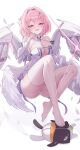  1girl absurdres bangboo_(zenless_zone_zero) breasts cleavage commentary_request detached_sleeves dress eous_(zenless_zone_zero) highres large_breasts looking_at_viewer medium_hair panbaker panties pink_hair purple_eyes remielle_dan simple_background solo_focus thighhighs thighs underwear variant_set white_background white_dress white_panties white_thighhighs white_wings wings zenless_zone_zero 