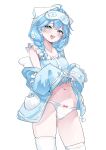  1girl :d absurdres ahoge arahashi_tabi babydoll babydoll_lift blue_babydoll blue_cardigan blue_eyes blue_hair blush bow bow_panties braid braided_twintails cardigan cardigan_partially_removed clothes_lift commentary cowboy_shot d_01243 dot_nose flashing hair_intakes hair_over_shoulder highres lifting_own_clothes long_hair long_sleeves looking_at_viewer mask mask_on_head navel open_mouth panties raised_inner_eyebrows simple_background sleep_mask sleeves_past_wrists smile solo standing stellive thighhighs underwear virtual_youtuber white_background white_panties white_thighhighs 