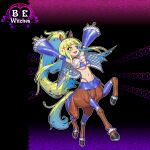  1girl :d animal_ears arms_up bare_shoulders be_witches bikini blonde_hair blue_bikini blue_choker blue_leg_warmers blue_sleeves blue_vest blunt_bangs blush_stickers breasts centaur chitei_(rai32019) choker cleavage commentary detached_sleeves english_commentary extra_breasts frilled_sleeves frills full_body garter_straps hair_ornament high_ponytail highres hooves horse_ears horse_tail leg_warmers logo long_hair looking_to_the_side medium_breasts monster_girl multiple_legs navel official_art open_clothes open_mouth open_vest ponytail race_queen second-party_source sidelocks smile solo star_(symbol) star_hair_ornament stomach strapless swimsuit tachi-e tail taur teeth tube_top underboob upper_teeth_only variant_set very_long_hair vest white_tube_top yellow_eyes 