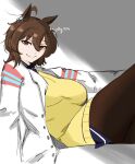  1girl agnes_tachyon_(tach-nology)_(umamusume) agnes_tachyon_(umamusume) animal_ears artist_name black_shirt breasts chemical_structure closed_mouth coat collared_shirt commentary_request ear_ornament earrings hair_between_eyes haouteak hem_peeking_out highres horse_ears horse_girl jewelry lab_coat large_breasts long_sleeves nail_polish red_eyes shirt short_hair single_earring solo split_mouth sweater thai_commentary umamusume white_coat yellow_sweater 