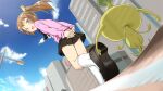  1girl :d arms_behind_back black_bow black_bowtie black_shoes black_skirt blue_sky blush bow bowtie brown_eyes brown_hair casual cloud commentary_request day dutch_angle foreshortening from_behind from_below full_body haiyore!_nyaruko-san interlocked_fingers kneehighs kurei_tamao long_hair looking_at_another looking_back miniskirt monster open_mouth outdoors own_hands_together pink_shirt pleated_skirt ponytail shirt shoe_soles shoes skirt sky sleeves_past_wrists smile socks solo standing tiptoes upskirt white_socks yuto_(dialique) 