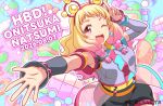  1girl :d ;d armpits birthday blonde_hair blush breasts character_name commentary dated detached_sleeves earrings gradient_hair happy_birthday highres jewelry long_hair looking_at_viewer love_live! love_live!_superstar!! medium_breasts multicolored_hair musashiya_chougenbou one_eye_closed onitsuka_natsumi pink_eyes pink_hair short_shorts shorts smile solo twitter_username upper_body vitamin_summer! 