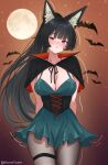  1girl absurdres alternate_costume alternate_hairstyle animal_ears arms_behind_back bathing black_hair black_pantyhose blush breasts cleavage dress fox_ears fox_girl full_moon green_dress halloween hanniyume high_ponytail highres hoshimi_miyabi large_breasts long_hair looking_at_viewer moon orange_sky outdoors pantyhose ponytail red_eyes sky thigh_strap zenless_zone_zero 
