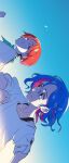  1boy 1girl :d absurdres amate_yuzuriha aqua_shirt blue_hair blue_sky clear_sky closed_eyes collared_shirt colored_inner_hair commentary crescent crescent_earrings earrings euph0ria_105 floating_hair grin gundam gundam_gquuuuuux highres jewelry looking_ahead multicolored_hair red_eyes red_hair running school_uniform shirt short_hair shuji_ito sideways sky sleeves_rolled_up smile sweater two-tone_hair wavy_hair white_shirt white_sweater 