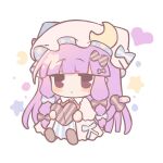  1girl blush chibi chibi_only commentary crescent crescent_hat_ornament dress hat hat_ornament heart highres holding long_hair looking_at_viewer mob_cap patchouli_knowledge pink_dress pink_hat purple_eyes purple_hair silverrain simple_background solo striped_clothes striped_dress touhou vertical-striped_clothes vertical-striped_dress very_long_hair white_background 