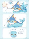  ! !! 1other ? animal_focus blue_fur cetacean_tail cup fins fish_tail flying_sweatdrops forked_tail head_fins highres in_container in_cup mugita_konomi open_mouth pokemon pokemon_(creature) pokemon_focus speech_bubble sweat tail vaporeon water 
