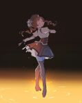  1girl beret black_background blonde_hair boots brown_thighhighs closed_eyes commentary corset detached_sleeves drill_hair fingerless_gloves full_body gloves gradient_background hat highres knee_boots light_particles magical_girl mahou_shoujo_madoka_magica mahou_shoujo_madoka_magica_(anime) pianzu_mao pleated_skirt puffy_sleeves shirt skirt solo standing thighhighs tomoe_mami tomoe_mami_(magical_girl) twin_drills untranslatable_commentary white_shirt yellow_background 