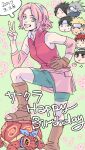  1girl 6+boys :> :< =_= asymmetrical_footwear bike_shorts bike_shorts_under_skirt black_hair black_headband blonde_hair boots brown_boots brown_gloves chibi chibi_inset commentary_request dated forehead_protector gaara_(naruto) gloves green_shirt grey_hair hairband hand_on_own_hip happy_birthday haruno_sakura hatake_kakashi headband mask miniskirt mouth_mask multiple_boys naruto_(series) naruto_shippuuden okamine_yuiko open-toe_boots red_hair red_hairband rock_lee sai_(naruto) shirt single_glove skirt thick_eyebrows tortoise turtle uchiha_sasuke uneven_footwear uzumaki_naruto 