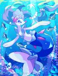  air_bubble blue_eyes bubble closed_mouth commentary_request eyelashes fish highres light_rays nikoru no_humans pokemon pokemon_(creature) pokemon_focus primarina smile twitter_username underwater watermark wishiwashi wishiwashi_(solo) 