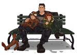 1girl 2boys anondrawsfanart black_boots boots breasts frank_castle highres jean_grey marvel multiple_boys peter_parker red_hair saliva shadow simple_background sitting sleeping small_breasts spider-man spider-man:_brand_new_day spider-man_(original_suit) spider-man_(series) superhero_costume the_punisher_(character) x-men 