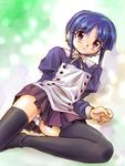  black_legwear blue_hair blush bow ilfa lying miniskirt on_side panties pantyshot pantyshot_(lying) pantyshot_(sitting) pleated_skirt purple_eyes robot_ears school_uniform short_hair sitting skirt solo thighhighs to_heart_2 underwear unno_hotaru upskirt white_panties 