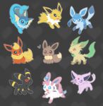  :3 black_eyes blue_eyes bright_pupils brown_eyes closed_mouth eevee espeon evolutionary_line fangs flareon glaceon grey_background heart highres jolteon leafeon pawpads pokemon pokemon_(creature) purple_eyes red_eyes running sitting sukey_four sylveon umbreon vaporeon white_pupils 