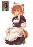  1girl alternate_costume animal_ears apron asymmetrical_bangs black_dress bow bowtie brown_eyes brown_hair commentary cowboy_shot dress earrings english_commentary enmaided figure-referenced flat_chest hair_between_eyes hair_ornament hairclip highres holding_apron horse_ears horse_girl horse_tail jewelry lifting_own_clothes looking_at_viewer maid maid_apron maid_headdress medium_hair misaka_mikoto orange_hair photo_inset puffy_sleeves purple_eyes reference_inset s0jusag1 short_hair solo t.m._opera_o_(umamusume) tail toaru_kagaku_no_railgun toaru_majutsu_no_index umamusume wrist_cuffs 