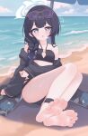  1girl absurdres bandeau bikini black_bikini black_hair black_robe blue_archive braid braid_over_shoulder breasts butterfly_hair_ornament clothing_cutout commentary_request diamond_cutout eugenecolin feet foot_focus foreshortening grey_eyes grey_halo hair_ornament halo highres kisaki_(blue_archive) kisaki_(swimsuit)_(blue_archive) long_hair looking_at_viewer navel official_alternate_costume official_alternate_hairstyle presenting_foot purple-tinted_eyewear robe robe_partially_removed side_braid small_breasts soles solo stomach sunglasses swimsuit tinted_eyewear toes unworn_robe very_long_hair 