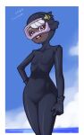  1girl :d alternate_costume black_gloves bodysuit border cloud commentary cowboy_shot dark-skinned_female dark_skin day diving_suit drantyno eyelashes gloves highres jacinthe_(pokemon) open_mouth outdoors outside_border pokemon pokemon_legends:_z-a purple_eyes sky smile solo teeth upper_teeth_only wetsuit white_border white_hair 