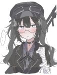  ... 1girl 654352 arm_belt bandaged_arm bandaged_hand bandages black_choker black_coat black_dress black_hair black_hat black_ribbon choker coat collared_dress commentary_request dress glasses goggles goggles_on_headwear grey_eyes gun hair_ornament hat highres kurobe_nanoka long_hair looking_at_viewer mahou_shoujo_no_majo_saiban neck_ribbon plaid_clothes plaid_dress ribbon rifle semi-rimless_eyewear simple_background solo speech_bubble spoken_ellipsis twintails under-rim_eyewear upper_body weapon white_background 