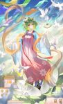  1girl absurdres alternate_costume bird bird_request blue_shoes blue_sky breasts building chinese_clothes chinese_commentary clothing_request cloud commentary_request day falling_feathers feathers floating floral_print flower flower_request full_body gan_cao_xuan_mi_su green_hair hagoromo hair_between_eyes hair_flower hair_ornament hanfu highres jewelry kazami_yuuka long_sleeves looking_at_viewer medium_breasts medium_hair necklace orange_shawl pearl_necklace red_eyes second-party_source see-through_clothes see-through_shawl shawl shoes sky solo touhou white_bird wide_sleeves 