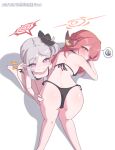  2girls absurdres all_fours aru_(blue_archive) ass bikini black_bikini blue_archive brown_horns commentary_request demon_horns grey_hair grin halo highres horns long_hair looking_at_viewer mo_xin_(hpfx2784) multiple_girls mutsuki_(blue_archive) notice_lines purple_eyes red_eyes red_halo side-tie_bikini_bottom side_ponytail simple_background sitting smile swimsuit thong thong_bikini white_background 