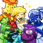  1girl 2others 3boys 7_colored_flowers_(deltarune) 9aaaalt29 aqua_(deltarune) black_hair blue_(deltarune) blue_skin chef_hat closed_eyes colored_eyelashes colored_skin commentary cowboy_hat deltarune dreadlocks english_commentary fang flowery_(deltarune) green_(deltarune) green_hair green_skin group_hug hat highres hug mouse_(animal) multiple_boys multiple_others open_mouth orange_(deltarune) ponytail purple_hair purple_skin seth_(deltarune) skin_fang utdr_(toby_fox) white_background yellow_(deltarune) yellow_skin 