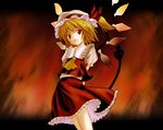  arms_behind_back artist_request ascot blonde_hair flandre_scarlet hat hat_ribbon laevatein one_side_up red_eyes ribbon short_hair smile solo source_request touhou wings 