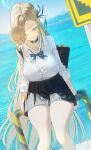  1girl asuna_(blue_archive) black_skirt blonde_hair blue_archive blue_bow blue_bra blue_eyes blue_halo blush bow bra bra_visible_through_clothes breasts collared_shirt commentary grin hair_over_one_eye halo highres large_breasts long_hair looking_at_viewer ocean phoebe_(user_vvpf4584) pleated_skirt shirt sitting skirt smile solo underwear very_long_hair 