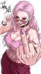  1girl abs adjusting_eyewear artist_name bare_shoulders black_choker black_sclera bracelet breasts choker cleavage collarbone colored_sclera commentary_request crop_top earrings fingernails hand_on_eyewear highres jewelry jujutsu_kaisen large_breasts long_hair looking_at_viewer middle_finger muscular muscular_female nail_polish navel open_mouth pants pink-tinted_eyewear pink_eyes pink_hair pink_nails red_pants round_eyewear simple_background solo standing sunglasses tinted_eyewear tongue tongue_out uro_takako white_background zipy-zip-zip06 