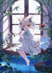  1girl :3 :d ahoge animal_ears barefoot blonde_hair blue_bow blue_bowtie blue_eyes blue_flower blue_rose blurry blurry_foreground blush bow bowtie branch commentary_request cup double-parted_bangs dress fang flower food fox_ears fox_girl fox_tail frilled_pillow frills full_body hair_between_eyes hair_flower hair_ornament heterochromia holding holding_flower illunetta long_sleeves looking_at_viewer low_twintails macaron open_mouth original pillow red_eyes rose short_hair short_twintails signature sitting smile soaking_feet solo tail tea teacup tray twintails water watermark white_dress window 